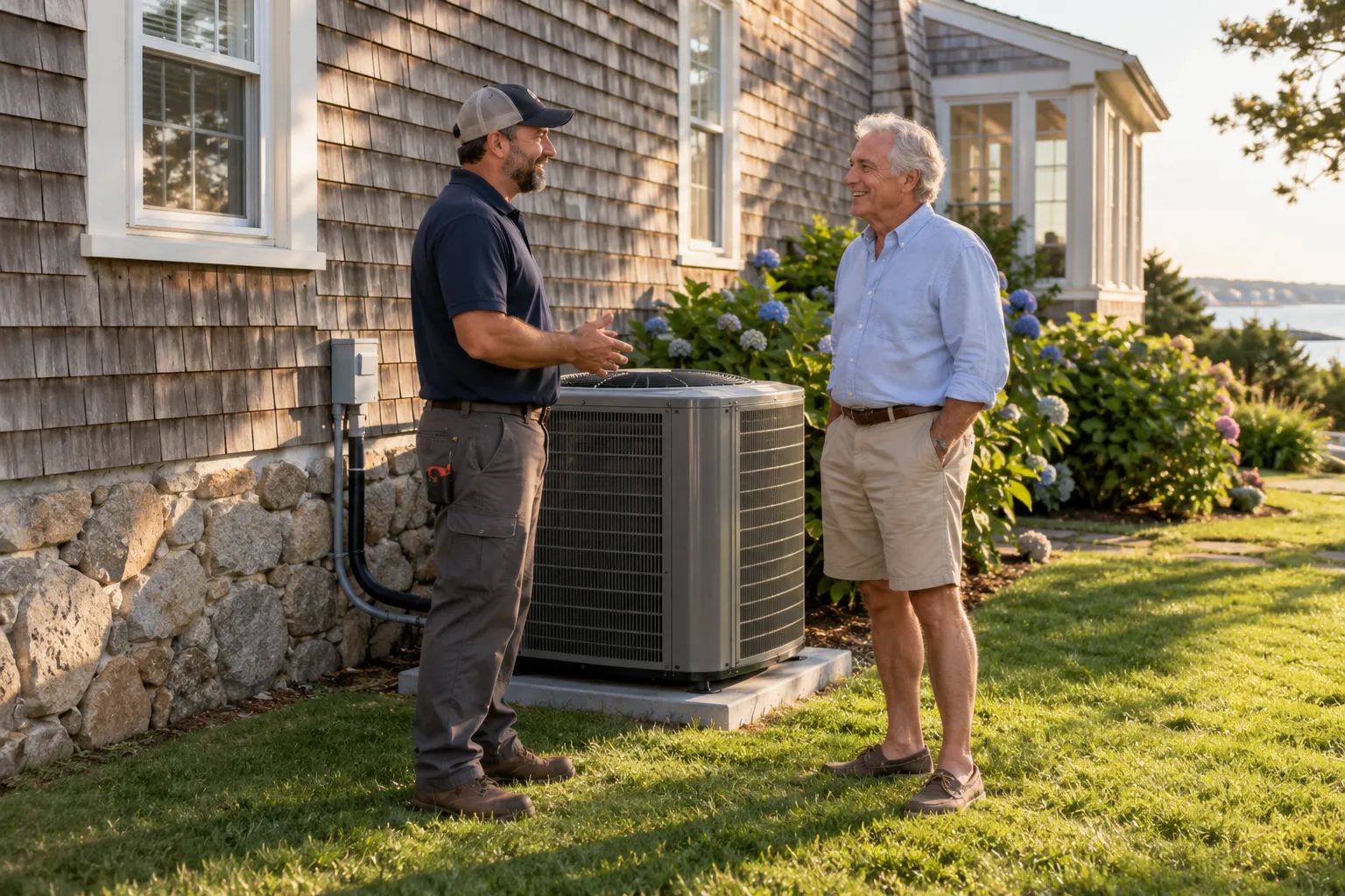 Friendly provider talking with a homeowner beside a new outdoor air conditioner at a house in Peapack and Gladstone