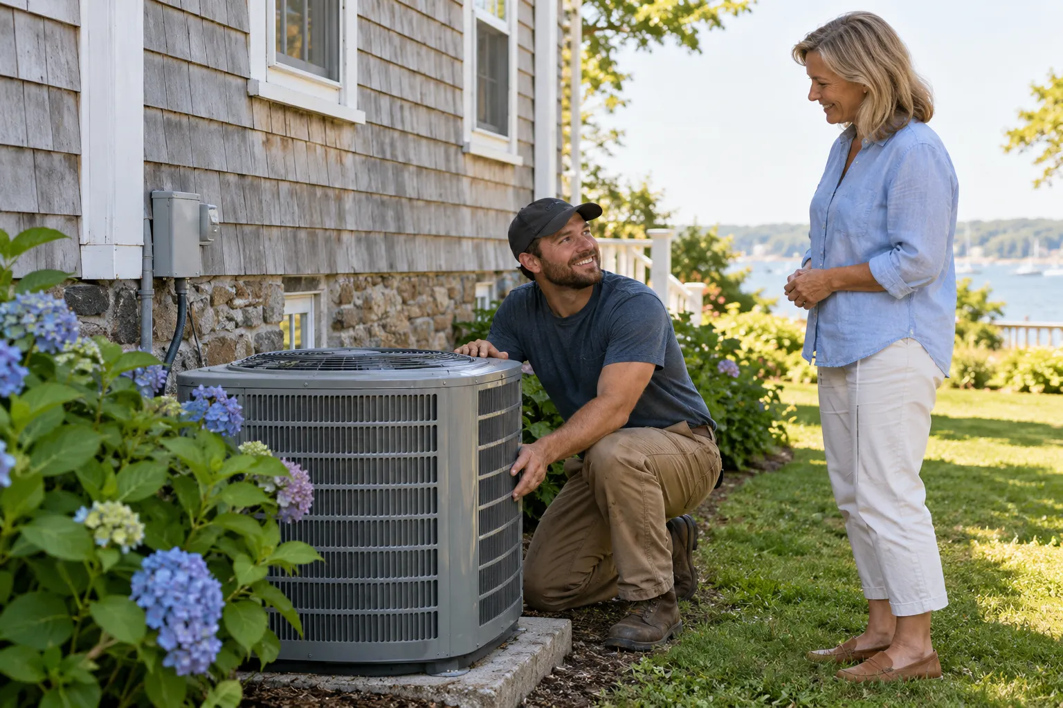 Friendly HVAC provider checking an outdoor air conditioner beside an older home in Peapack and Gladstone